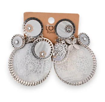 Silver fantasy clip-on earrings with white round pearly stone