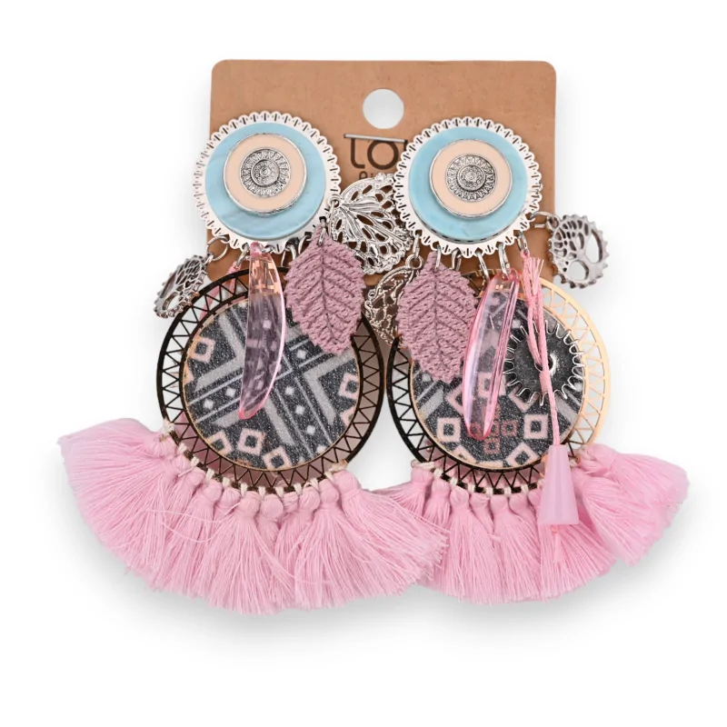 Bohemian pink tassel clip-on fancy earrings