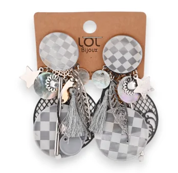 Checkered clip-on earrings in gray and white mother-of-pearl