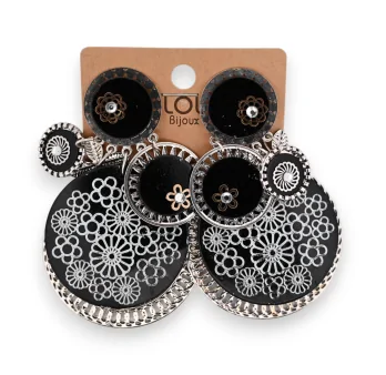 Clip-on fancy earrings with large black medallion