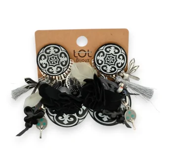 Boucles d'oreilles fantaisie à clip noire et blanc arabesque