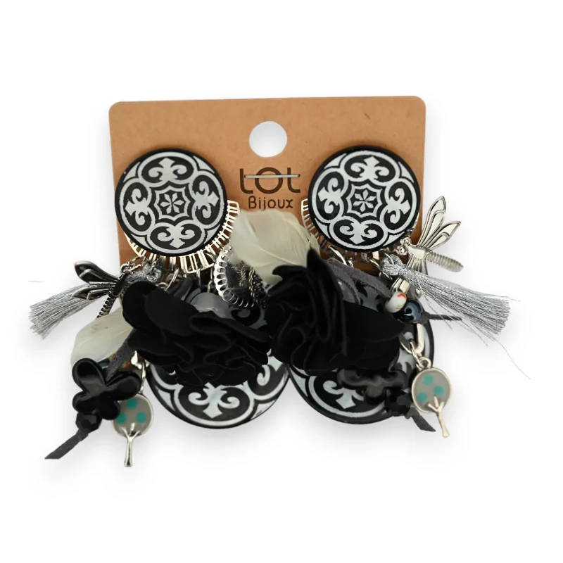 Boucles d'oreilles fantaisie à clip noire et blanc arabesque