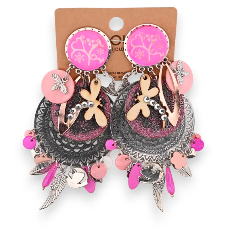 Boucles d'oreilles fantaisie à clip bohème fuchsia