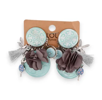 Sky blue clip-on fantasy earrings with gray embossed flowers