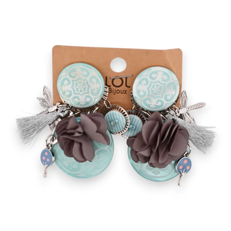 Boucles d'oreilles fantaisie clip bleu ciel fleurs grise relief