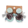 Sky blue clip-on fantasy earrings with gray embossed flowers