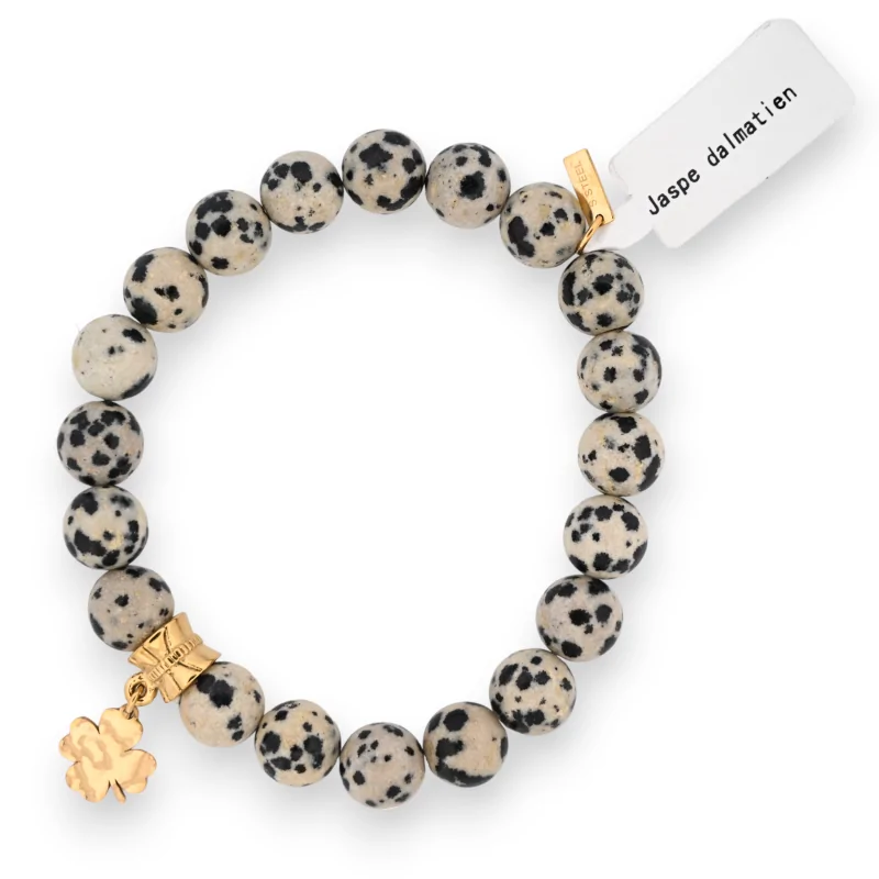 Bracelet Jaspe Dalmatien charm trèfle