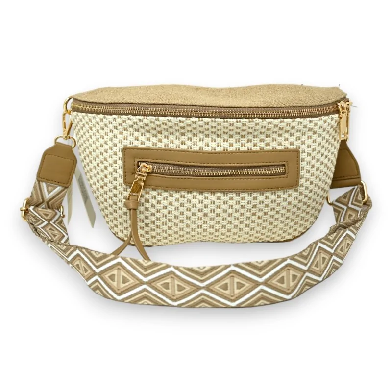 Beige and taupe linen crossbody fanny pack