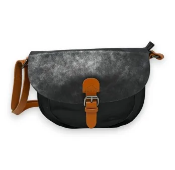 Black rounded bi-material shoulder bag briefcase