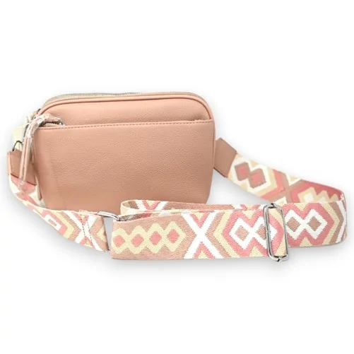 Pink square shoulder bag with multiple pockets