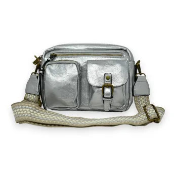 Silver rectangular crossbody bag with multiple pockets
