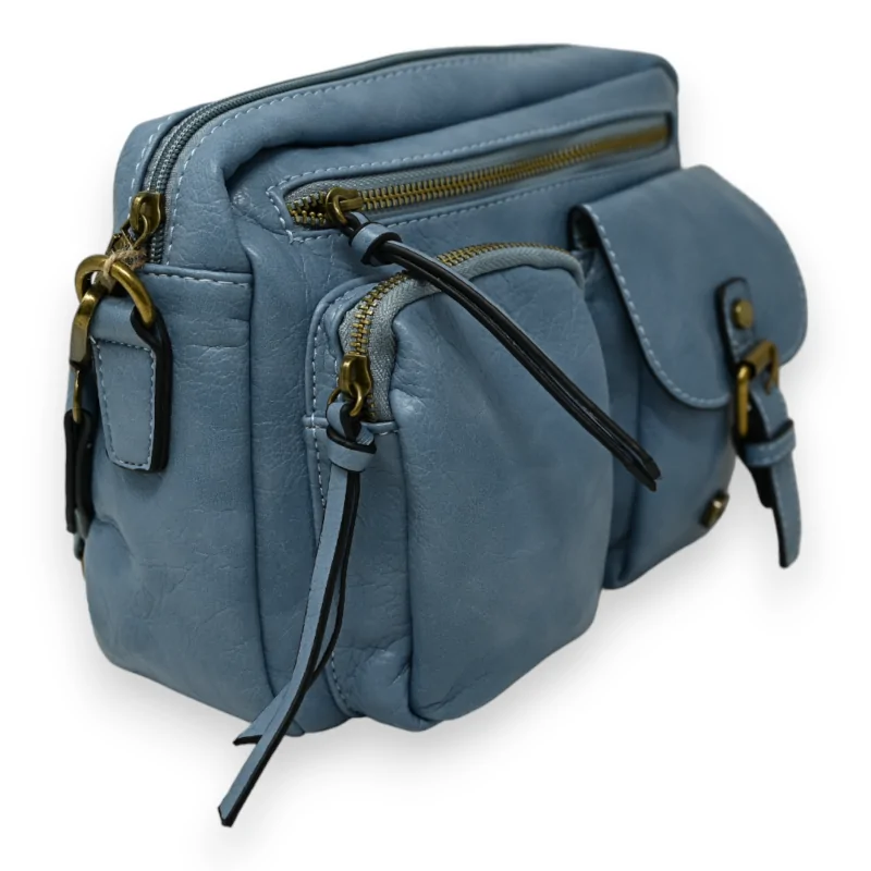 Borsa a tracolla rettangolare in jeans blu con molte tasche