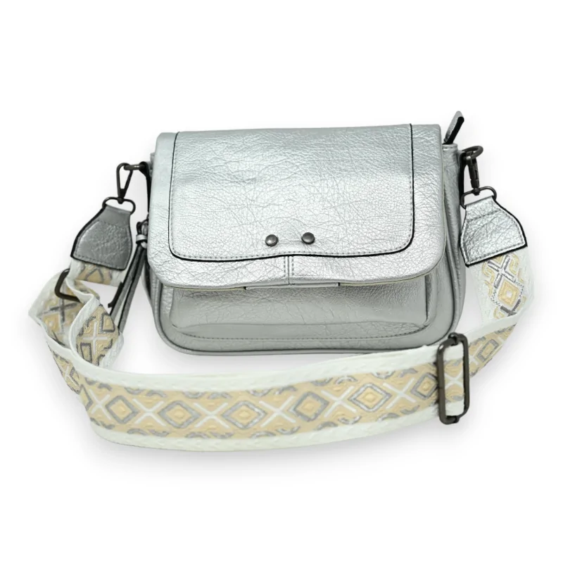 Silver crossbody bag with printed fabric strap