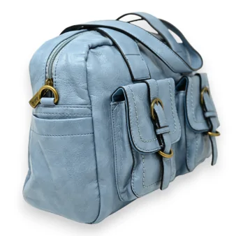 Synthetic rounded blue jeans handbag