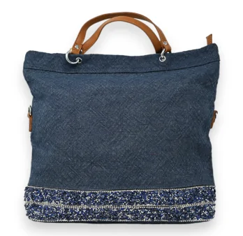 Handtasche aus rohem blauen Jeansstoff mit Band aus glänzenden Steinen