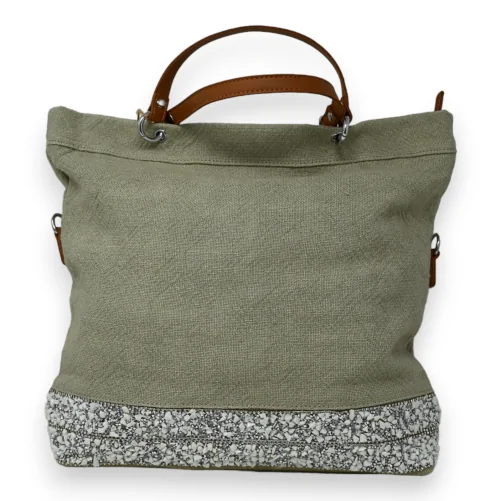 Beige fabric handbag with band of sparkling white stones