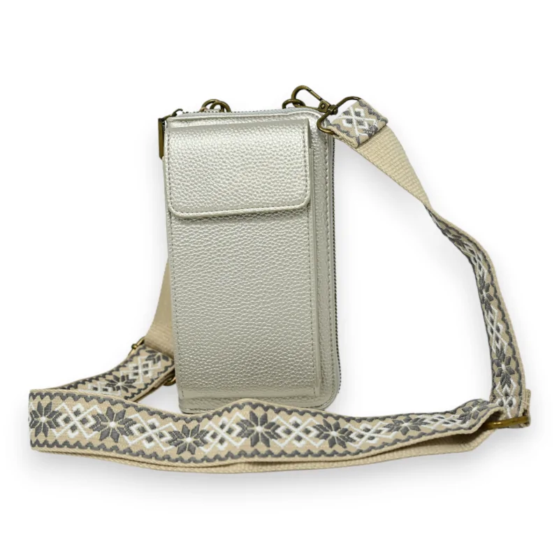 Mother of pearl beige phone and wallet shoulder pouch