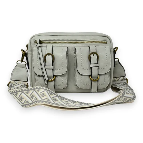 Light grey rectangle crossbody bag with 2 relief pockets