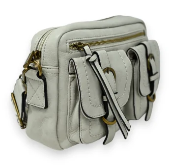 Light grey rectangle crossbody bag with 2 relief pockets