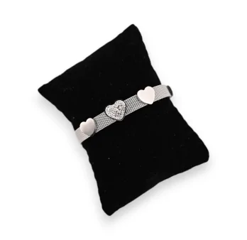 Silver rigid steel bracelet with 3 hearts