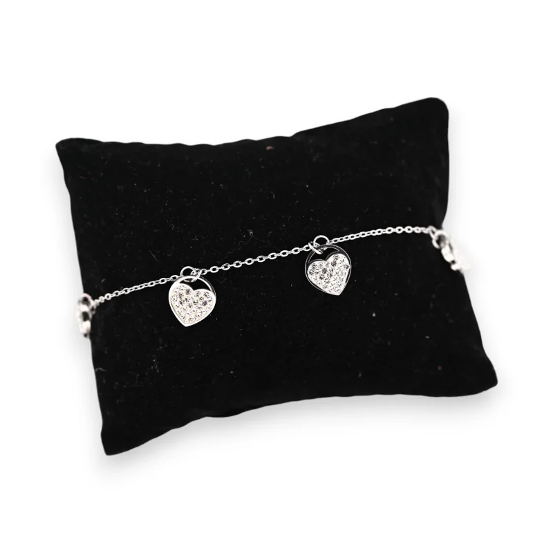 Silver-finish thin steel bracelet with multiple rhinestone hearts