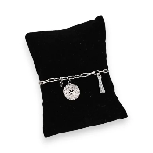 Silver steel bracelet with rhinestone heart charm