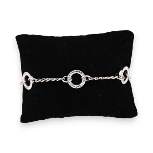 Silver-colored steel bracelet with circles of rhinestone chain