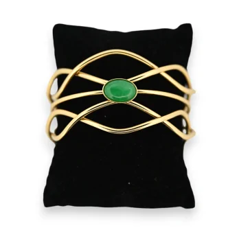 Gold-plated steel bohemian bangle bracelet with green stone