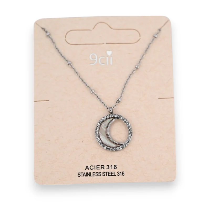 Collier acier argenté demi lune nacre