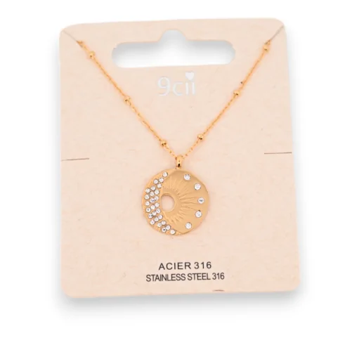 Gold-plated steel necklace with half moon and shining sun