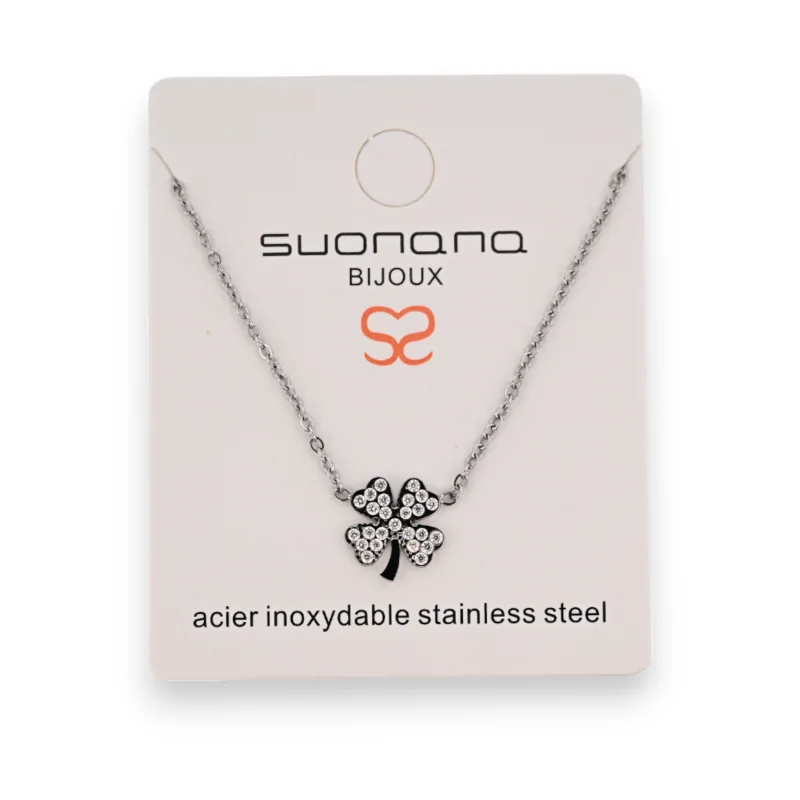 Silver steel necklace lucky clover rhinestone