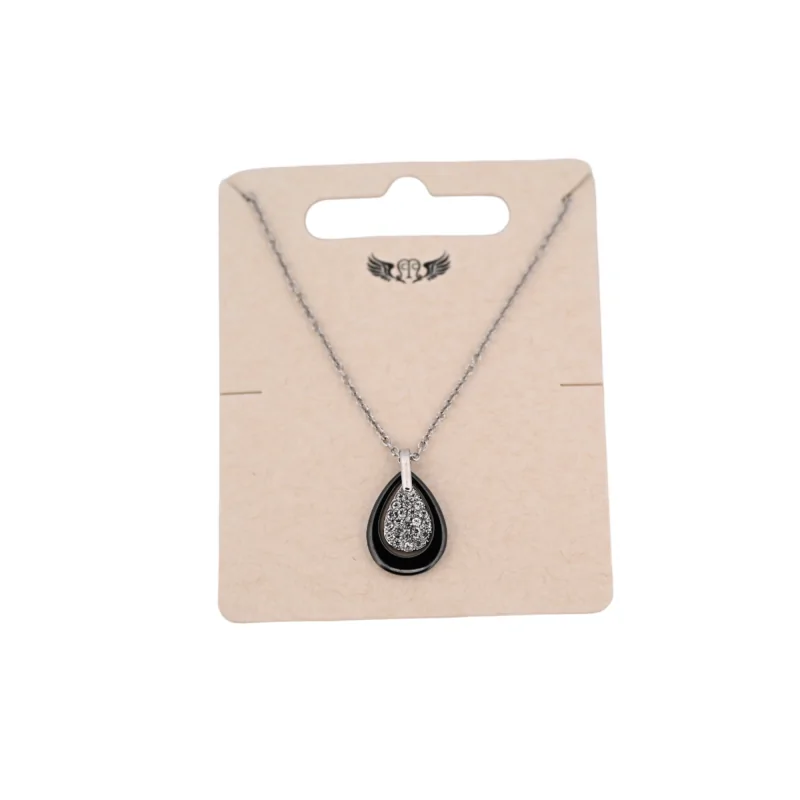 Collier acier argenté médaillon goute noire céramique et strass