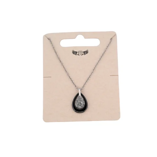 Silver-plated steel necklace with black ceramic teardrop medallion and rhinestones