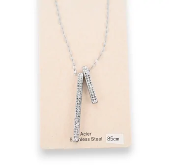 Silver-plated steel necklace with 2 tubes of sparkling rhinestones