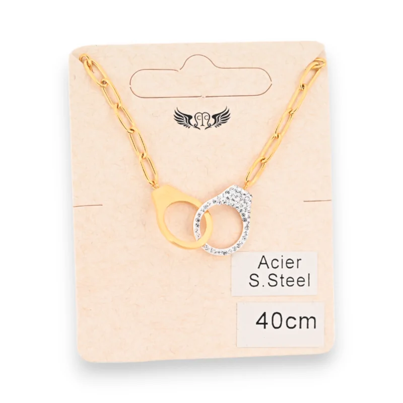 Collier acier doré menotte uni et strass