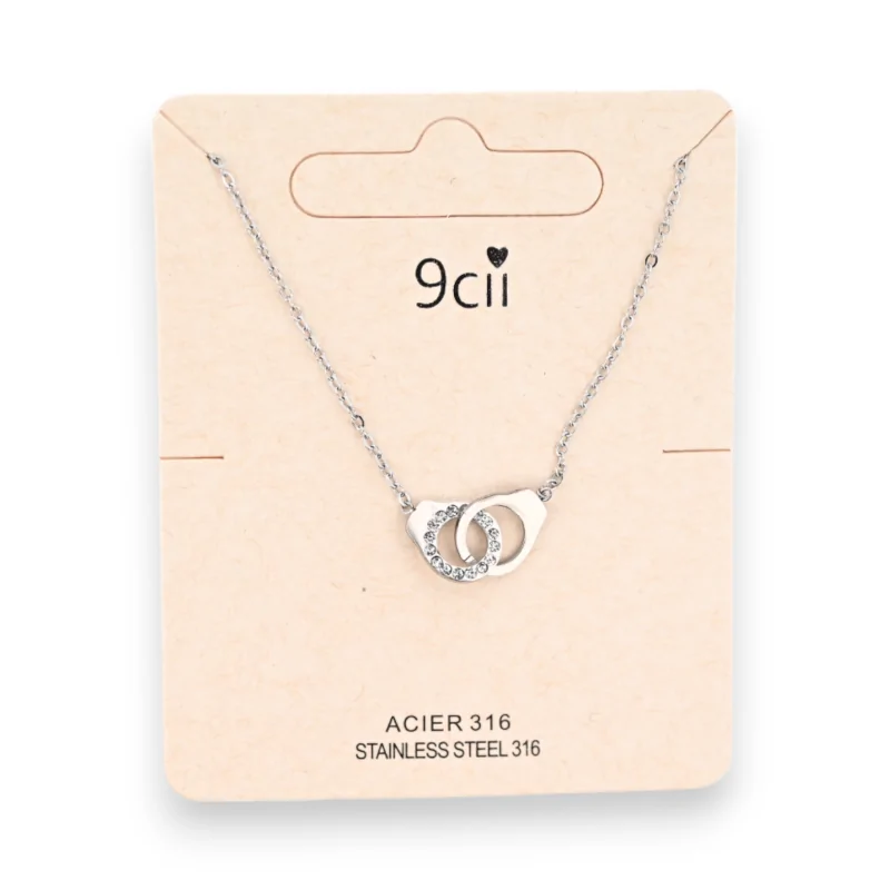 Collier acier argenté petite menotte uni et strass