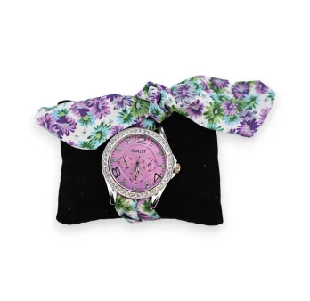 Reloj de fantasía con pulsera de tela floral en color malva y verde