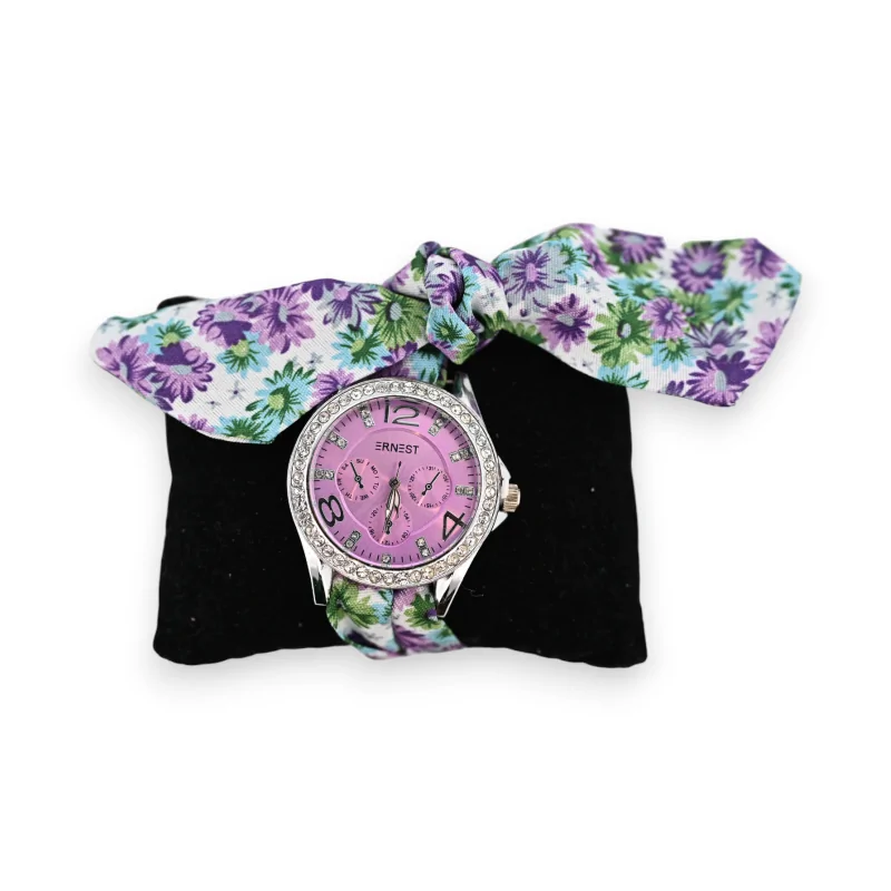 Fantasy watch with parme and green floral fabric strap