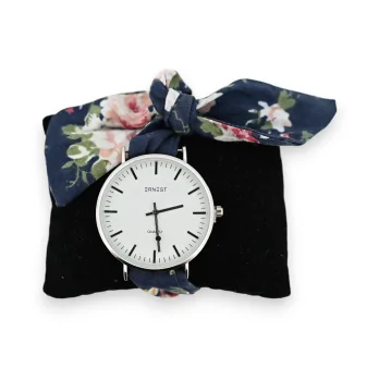 Navy blue floral fabric wristwatch