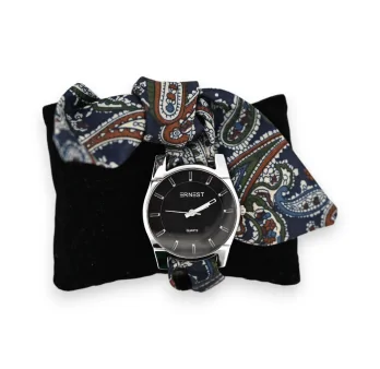 Reloj de pulsera de tela con estampado de cashmere en azul marino y caqui