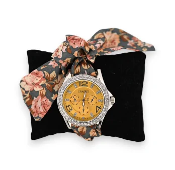 Fabric strap watch with floral pattern and mustard dial