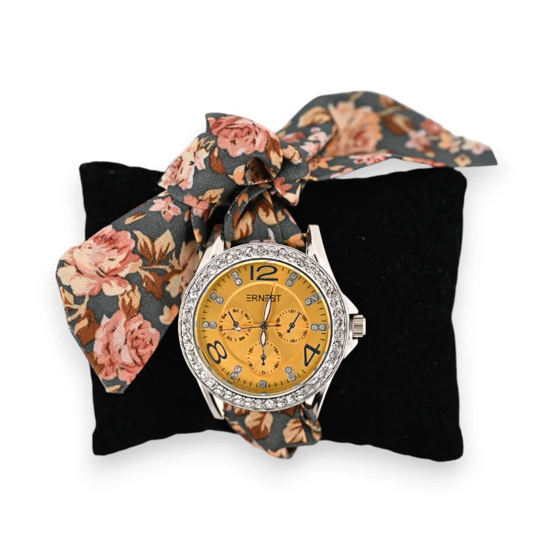 Armbanduhr mit Stoffarmband und Blumenmuster, Senfgelbes Zifferblatt