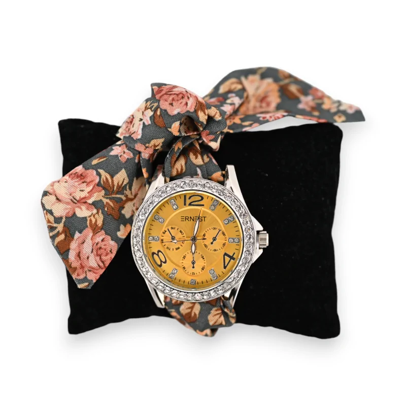 Fabric strap watch with floral pattern and mustard dial