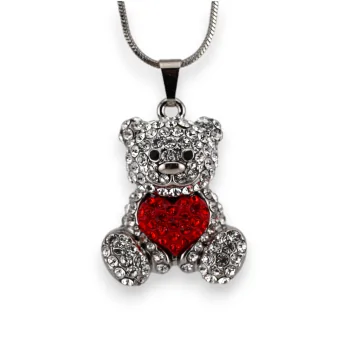 Fantasie Silber Halskette Teddybär Herz Rot