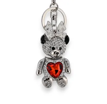 Silver teddy bear keychain with red heart for girl