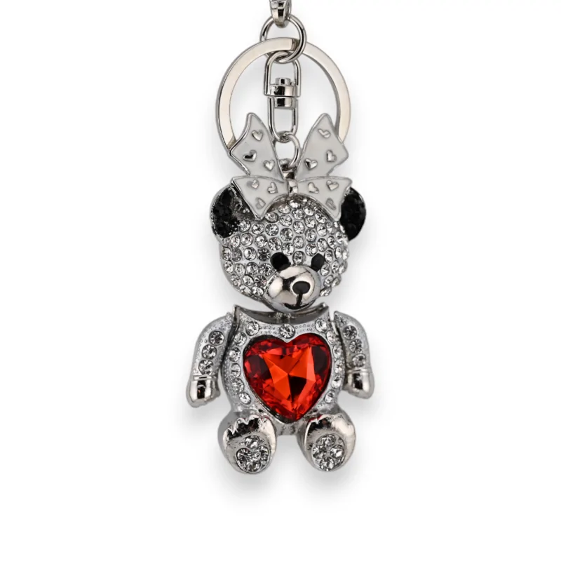 Silver teddy bear keychain with red heart for girl