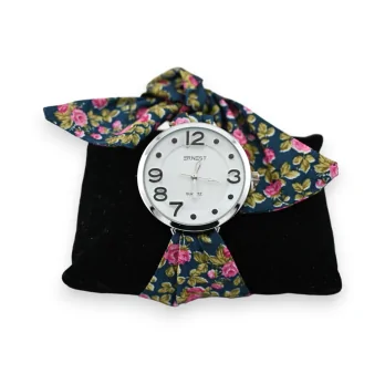 Armbanduhr mit Entenblauem Stoffband und rosafarbener Blume