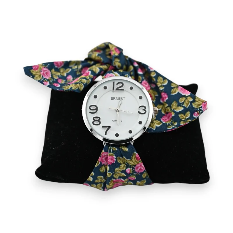 Orologio con cinturino in tessuto blu canard con fiore rosa