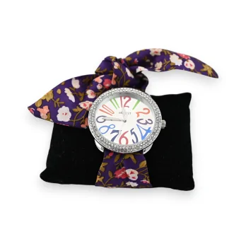 Fabric strap watch with multicolored flowers in purple