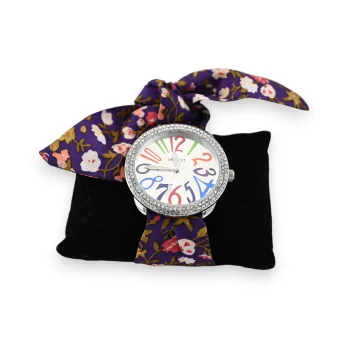 Watch with purple fabric strap and multicolored floral pattern